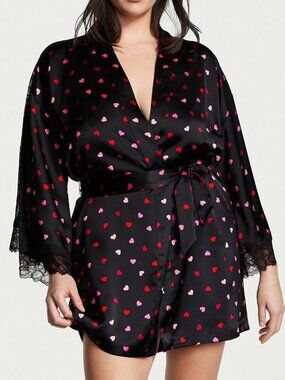 New! Victoria’s Secret Heart Print Lace Cuff Satin Robe Allison 54968